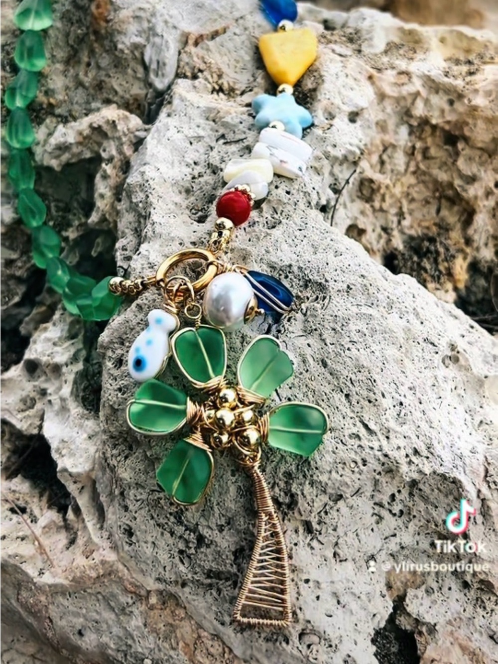 Green Beaded Charm Bracelet with Gold Tree Pendant